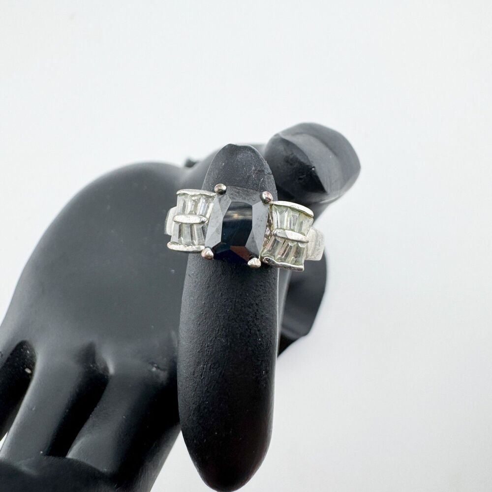 Vintage Black Emerald Cut Ring Silver Tone Rhinestone Baguette Accents